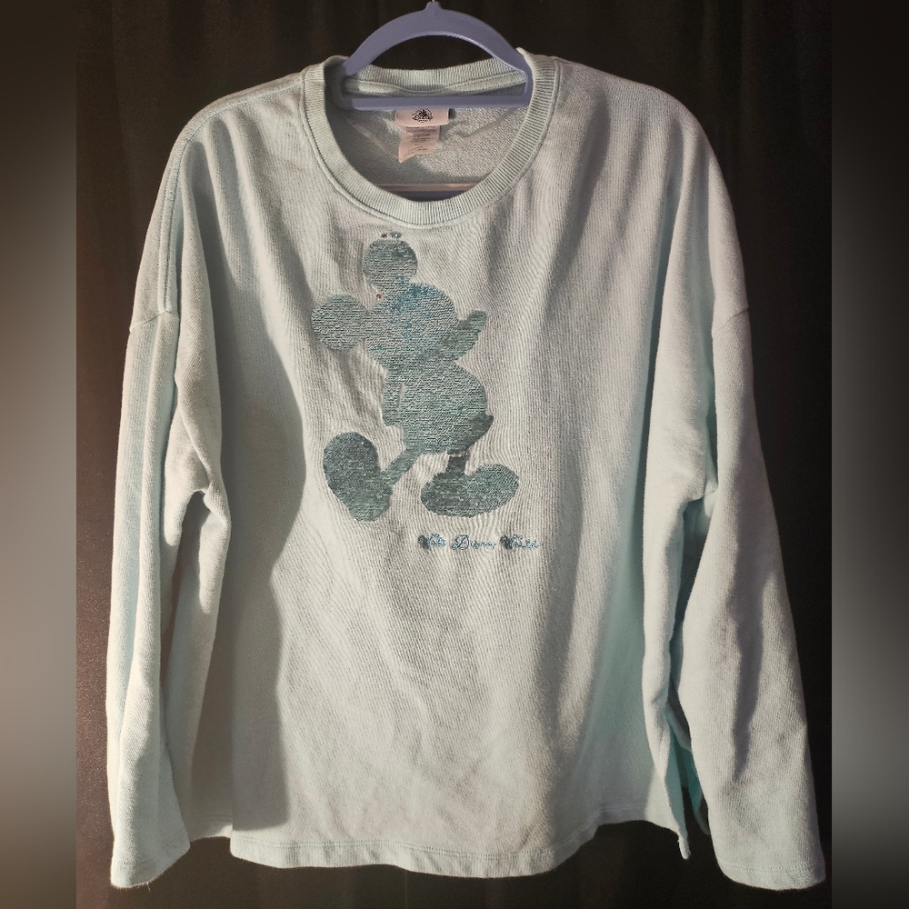 Disney Parks women's 1X sweatshirt‎ Mickey Mouse blue pullover sequin aqua